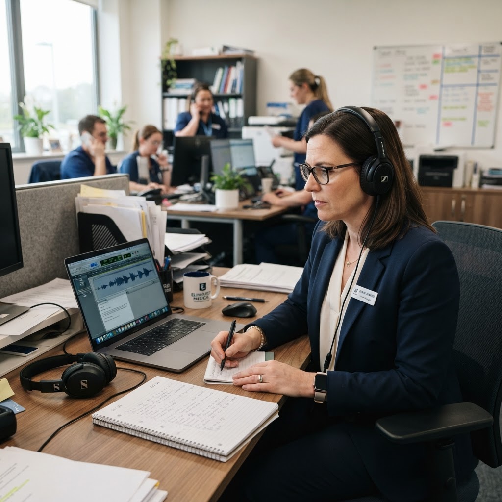 A professional photograph of a practice manager reviewing a call recording at a desk